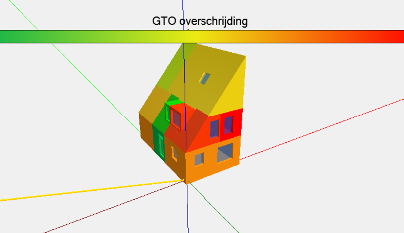 Kleurenweergave van een woning waarbij met een GTO-berekening (Gewogen Temperatuur Overschrijding) een nauwkeurige inschatting is gemaakt van het risico op oververhitting